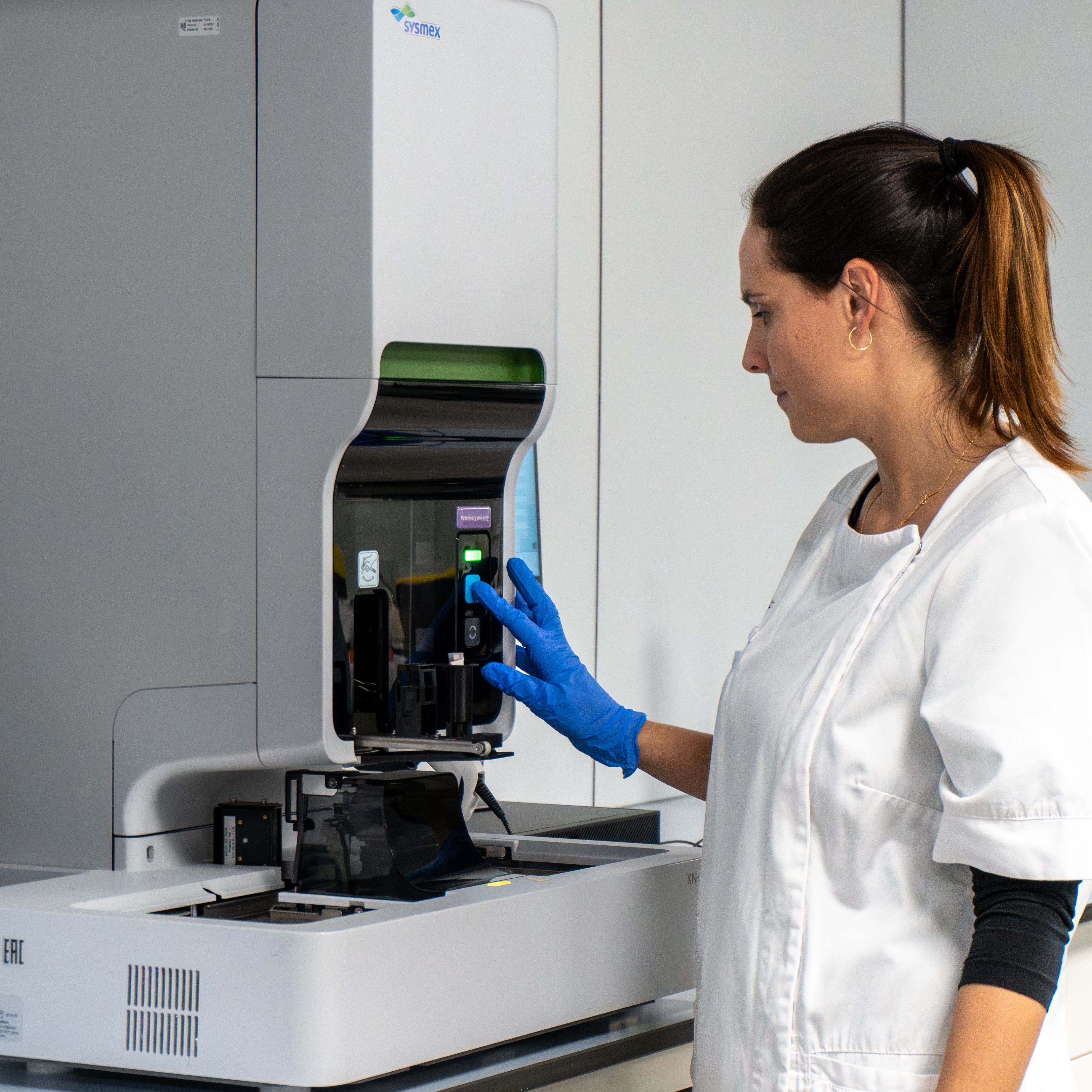 veterinaria con una maquina de analisis